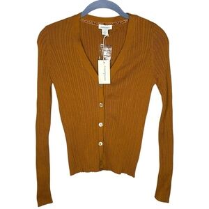 Sundance Cardigan sweater NWT fit ribbed knit gold brown organic petite Small